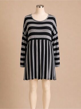 Suzanne Betro Ribbed Sweater Dress 1X Plus Size Black Gray Striped Knit